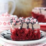 I am loving this Peppermint Hot Chocolate Poke Cake. A peppermint red velvet cake soaked in a white chocolate peppermint pudding and topped with hot chocolate whipped cream.