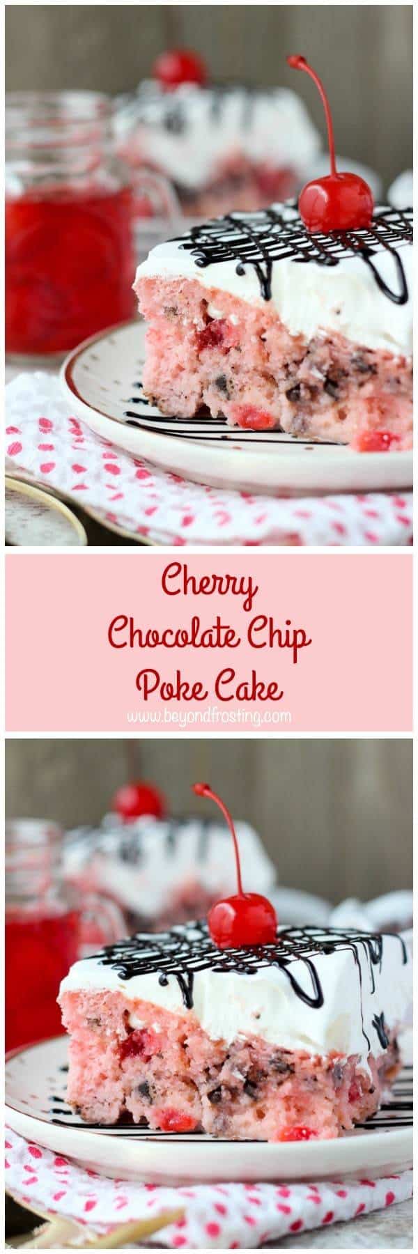  This Cherry Chocolate Chip Poke Cake is a sweet cherry cake with chocolate chips, soaked in sweetened condensed milk and topped with whipped cream and chocolate sauce.