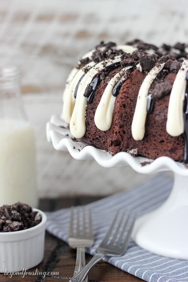 Oreo Chocolate Bundt Cake on a cake stand