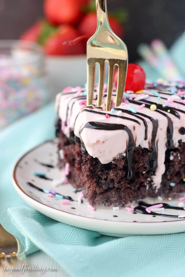 This Strawberry Milkshake Poke Cake is a chocolate cake soaked in sweetened condensed milk and topped with a strawberry milk whipped cream. It’s the perfect amount of sweet to satisfy your cravings.