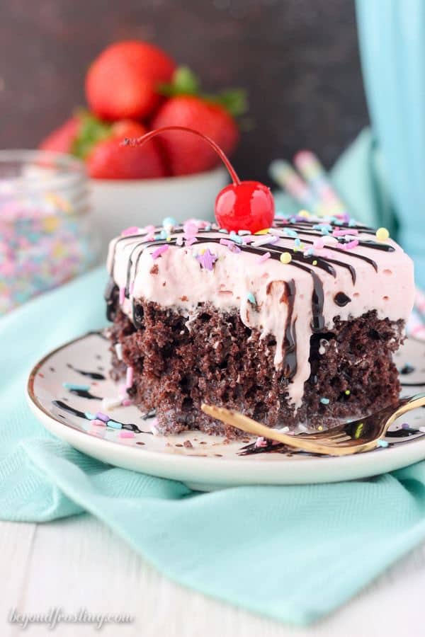 This Strawberry Milkshake Poke Cake is a chocolate cake soaked in sweetened condensed milk and topped with a strawberry milk whipped cream. It’s the perfect amount of sweet to satisfy your cravings.