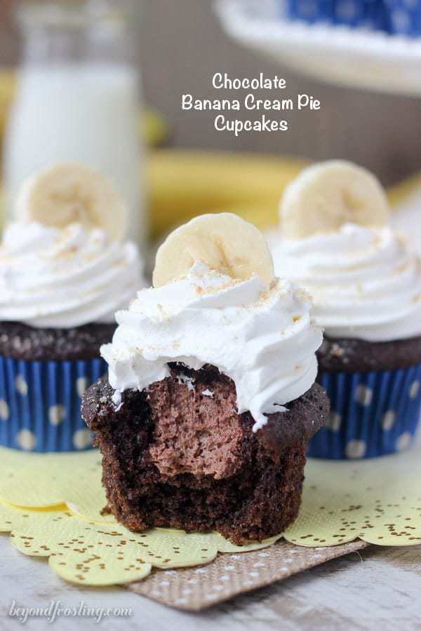 These chocolate banana cream pie cupcakes are made with a chocolate banana cupcake and filled with a chocolate mousse. Top them off with some whipped cream, bananas and Nilla Wafers.