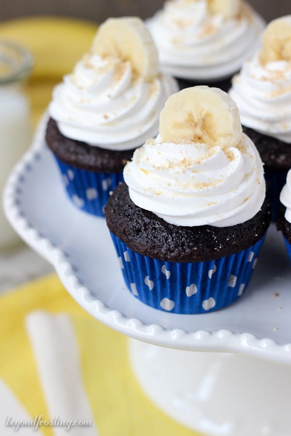 These chocolate banana cream pie cupcakes are made with a chocolate banana cupcake and filled with a chocolate mousse. Top them off with some whipped cream, bananas and Nilla Wafers.