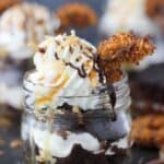 There’s no sharing these Samoa Cupcake Shooters. These parfaits are layers of chocolate cake, coconut Swiss meringue buttercream, toasted coconut, chocolate sauce and caramel. Topped off with Samoa cookies, these are absolutely perfect.