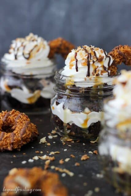 There’s no sharing these Samoa Cupcake Shooters. These parfaits are layers of chocolate cake, coconut Swiss meringue buttercream, toasted coconut, chocolate sauce and caramel. Topped off with Samoa cookies, these are absolutely perfect.