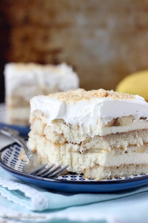 This Banana Pudding Tiramisu is layered with the ladyfingers, a thick layer of mousse, fresh sliced banana and repeat. It’s topped off with a layer of whipped cream and sprinkled with some Nilla wafer because it wouldn’t be banana pudding without Nilla wafers.