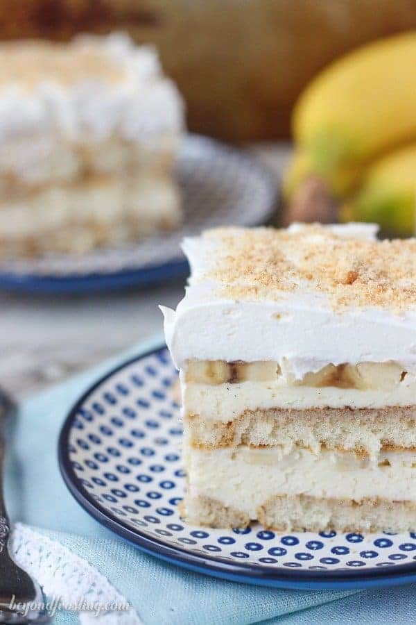 This Banana Pudding Tiramisu is layered with the ladyfingers, a thick layer of mousse, fresh sliced banana and repeat. It’s topped off with a layer of whipped cream and sprinkled with some Nilla wafer because it wouldn’t be banana pudding without Nilla wafers.