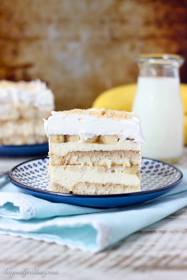 If you love banana pudding you have to try this Banana Pudding Tiramisu. The ladyfingers are soaked in a touch of whiskey and cinnamon. They are topped with a thick layer of mousse and fresh sliced banana. It’s finished with a layer of whipped cream and sprinkled with some Nilla wafer.