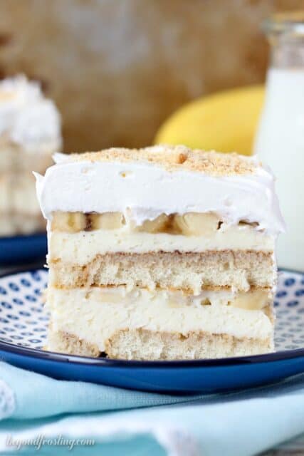 This Banana Pudding Tiramisu is layered with the ladyfingers, a thick layer of mousse, fresh sliced banana and repeat. It’s topped off with a layer of whipped cream and sprinkled with some Nilla wafer because it wouldn’t be banana pudding without Nilla wafers.