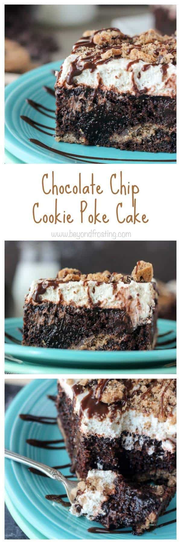 The layers are my favorite part of this Chocolate Chip Cookie Poke Cake. This chocolate cake has a chocolate chip cookie crust, it’s filled with chocolate pudding and topped with a chocolate chip cookie mousse.
