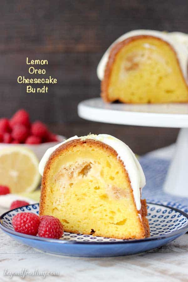 This Lemon Oreo Cheesecake Bundt is a perfectly moist and bursting with lemon flavor. The filling is a lemon Oreo cheesecake and it’s topped with a cream cheese glaze and lemon zest.