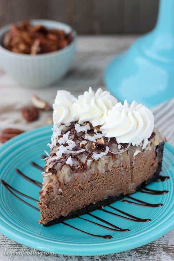 This No-Bake German Chocolate Cheesecake is a triple chocolate cheesecake with a stovetop coconut pecan frosting.