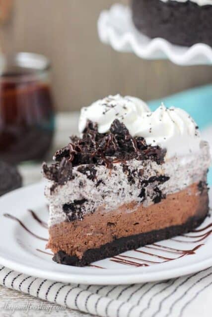 A slice of Chocolate Oreo Mousse Pie on a plate