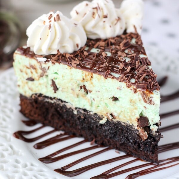 You’ll want to dive right in to this Brownie Bottom Mint Chip Mousse Pie. The fudgy brownie layer is topped with a perfect mint chip mousse and whipped cream.