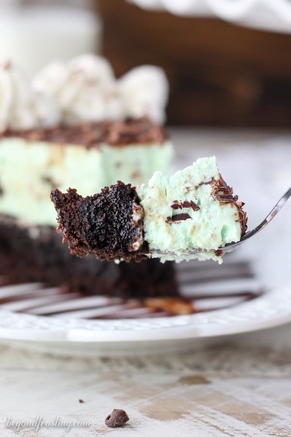 This Brownie Bottom Mint Chip Mousse Pie starts with a fudgy chocolate brownie layer and it’s topped with a light and airy mint chip mousse.