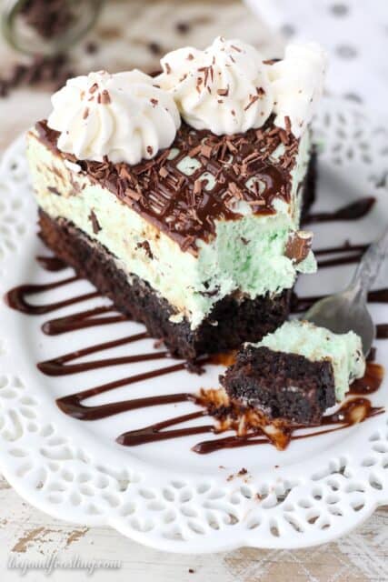 This Brownie Bottom Mint Chip Mousse Pie starts with a fudgy chocolate brownie layer and it’s topped with a light and airy mint chip mousse.