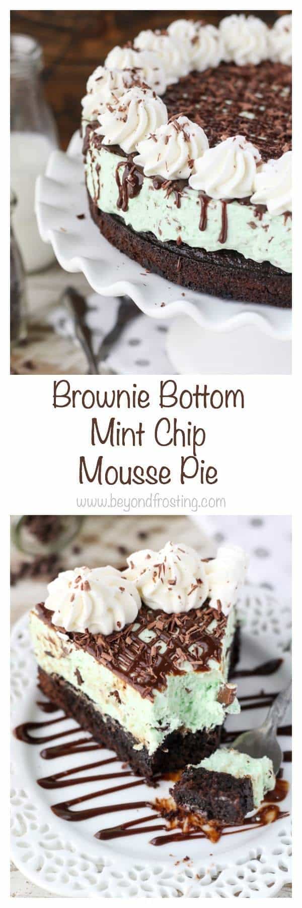  This Brownie Bottom Mint Chip Mousse Pie starts with a fudgy chocolate brownie layer and it’s topped with a light and airy mint chip mousse.