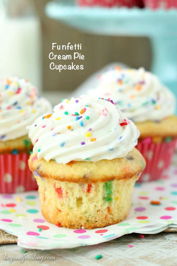These Funfetti Cream Pie Cupcakes are triple the funfetti. It starts with a vanilla funfetti cupcakes, then it’s filled with an easy vanilla mousse. Finally it's topped with a batch of cake batter whipped cream.