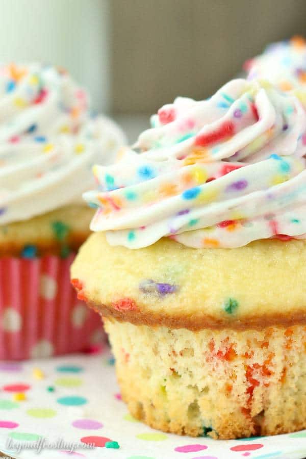 Triple Funfetti Cream Pie Cupcakes are the best funfetii cupcakes you’ll ever eat. It starts with a vanilla funfetti cupcakes, then it’s filled with an easy vanilla mousse. Finally it's topped with a batch of cake batter whipped cream.