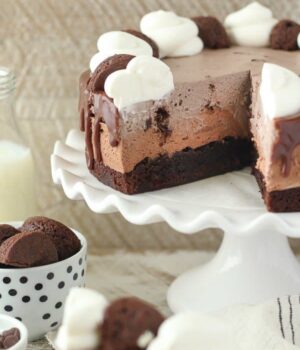 Triple Chocolate Brownie Mousse Cake, every layer is better than the next. A fudgy brownie on the bottom, a layer of chocolate mousse and finally a layer of brownie batter mousse. This is a must-have recipe.