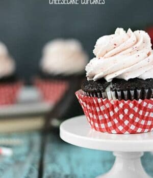 Chocolate Strawberry Cheesecake Cupcakes on a platter.