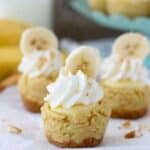 3 Banana Cream Pie Cookie Cups Filled with Banana Cream Mousse and Topped with Whipped Cream and Sliced Bananas