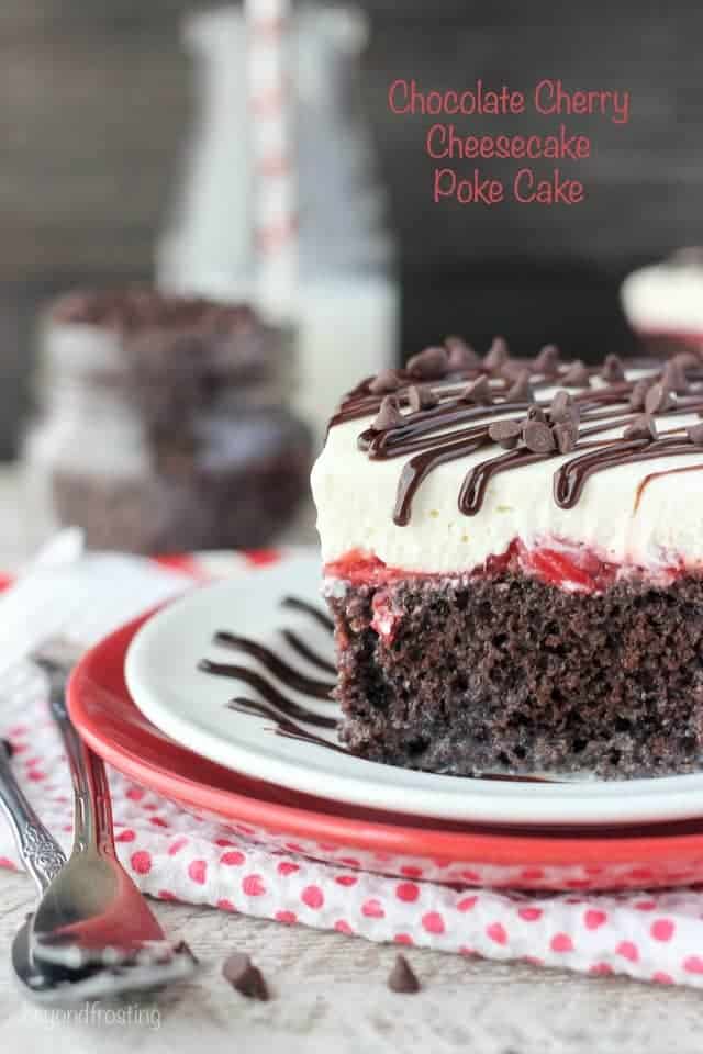 Chocolate Cherry Cheesecake Poke Cake - Beyond Frosting