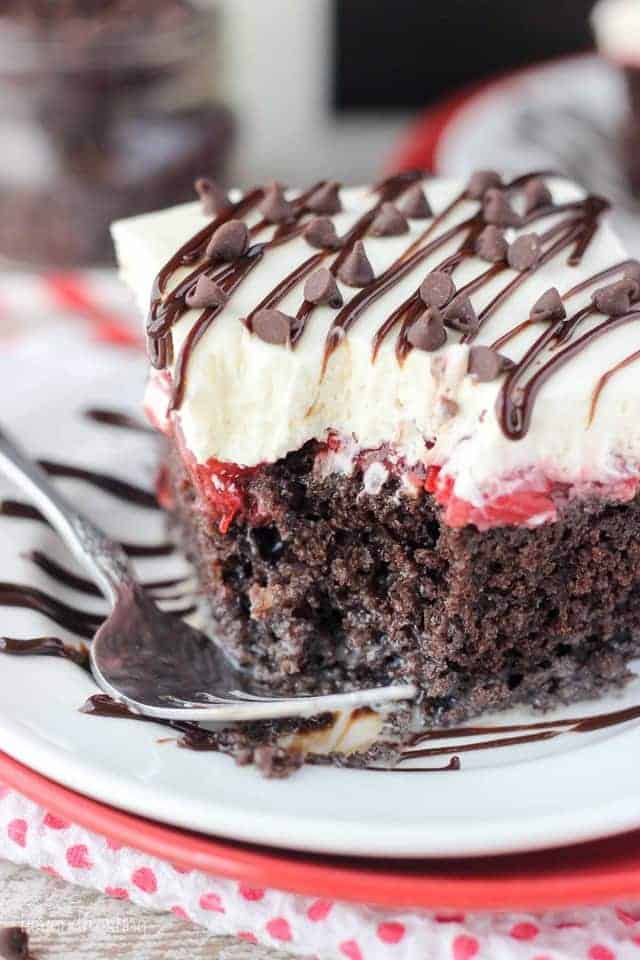 Chocolate Cherry Cheesecake Poke Cake - Beyond Frosting