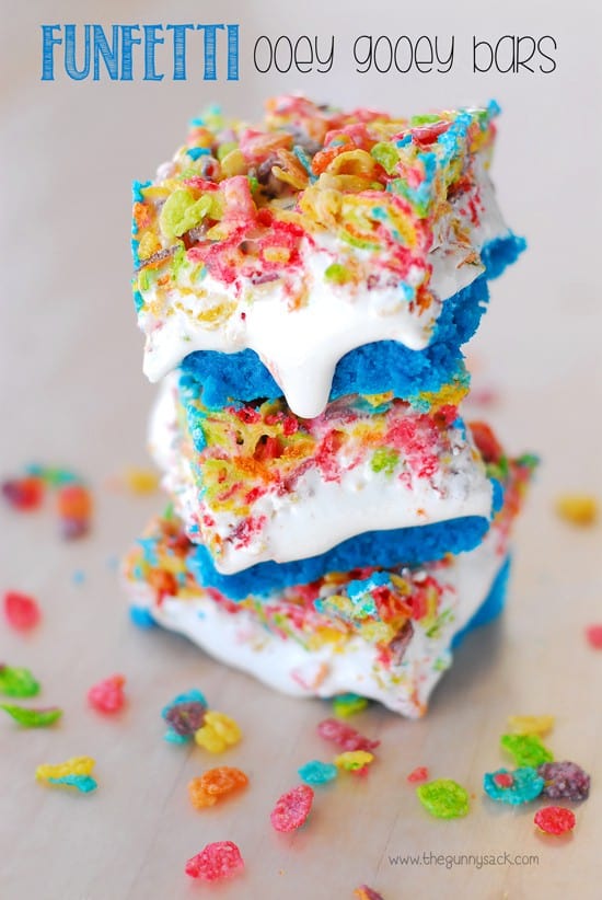 Three Funfetti Ooey Gooey Bars Stacked on Top of Each Other