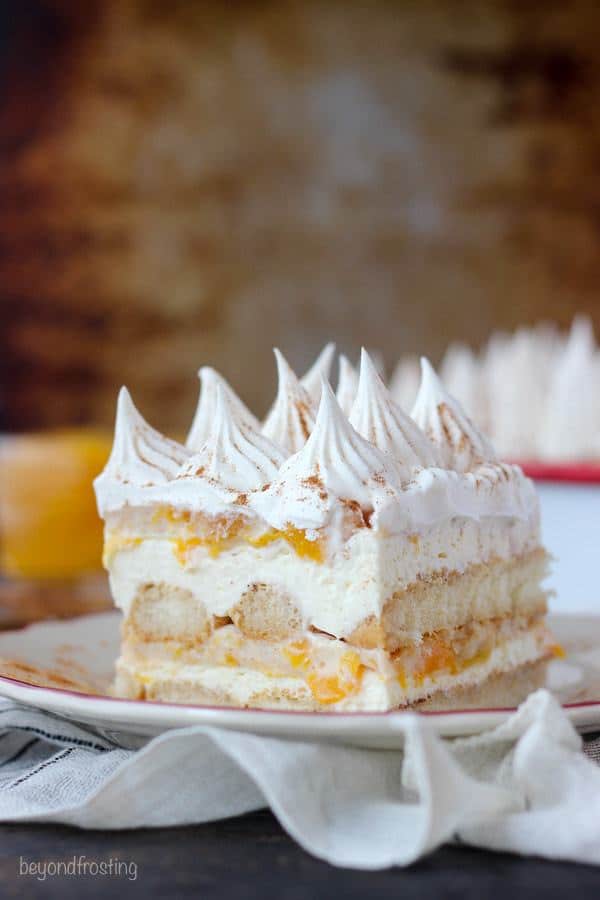 Transform your peach pie filling with this No-Bake Peach Icebox Cake. Layers of bourbon and cinnamon soaked ladyfingers, mascarpone cheese and peach pie filling.