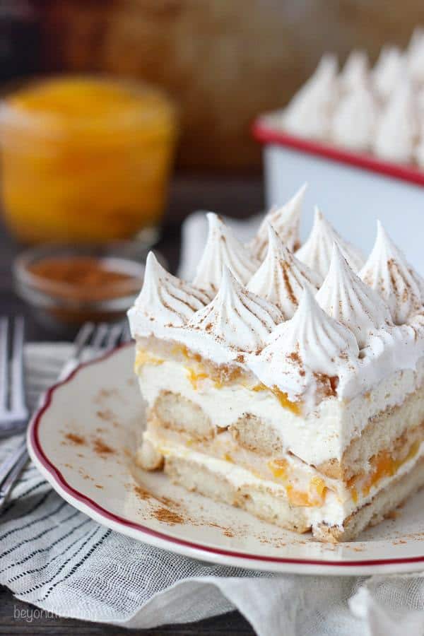 Transform your peach pie filling with this No-Bake Peach Icebox Cake. Layers of bourbon and cinnamon soaked ladyfingers, mascarpone cheese and peach pie filling.