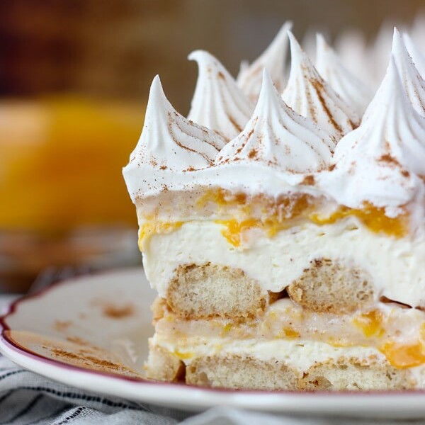 Summer time is the perfect time for No-Bake Peach Icebox Cake. Layers of bourbon and cinnamon soaked ladyfingers, mascarpone cheese and peach pie filling. Make sure you get a little bit of every layer in each bite.