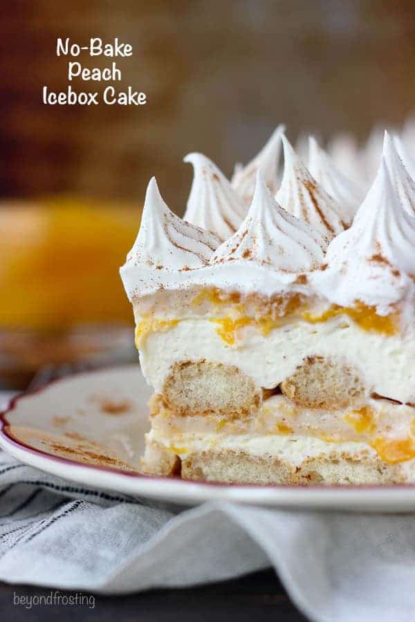 Summer time is the perfect time for No-Bake Peach Icebox Cake. Layers of bourbon and cinnamon soaked ladyfingers, mascarpone cheese and peach pie filling. Make sure you get a little bit of every layer in each bite.