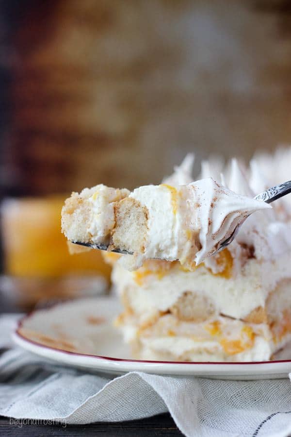 Transform your peach pie filling with this No-Bake Peach Icebox Cake. Layers of bourbon and cinnamon soaked ladyfingers, mascarpone cheese and peach pie filling.