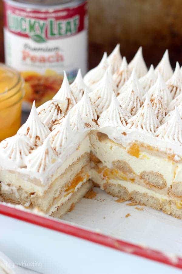 Transform your peach pie filling with this No-Bake Peach Icebox Cake. Layers of bourbon and cinnamon soaked ladyfingers, mascarpone cheese and peach pie filling.