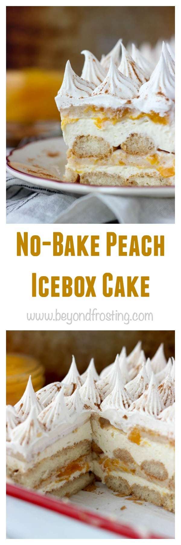  Summer time is the perfect time for No-Bake Peach Icebox Cake. Layers of bourbon and cinnamon soaked ladyfingers, mascarpone cheese and peach pie filling. Make sure you get a little bit of every layer in each bite.