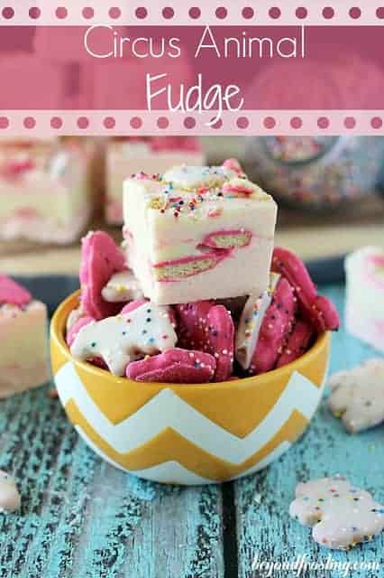 A square of Circus Animal Fudge sitting on top of a bowl of Circus Animal Cookies