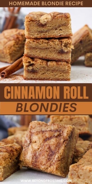 Pinterest title image for cinnamon roll blondies.