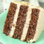 This triple layer Chocolate Zucchini Cake features a delicate chocolate cake stuff with zucchini. It's frosted with a rich brown butter buttercream frosting. 