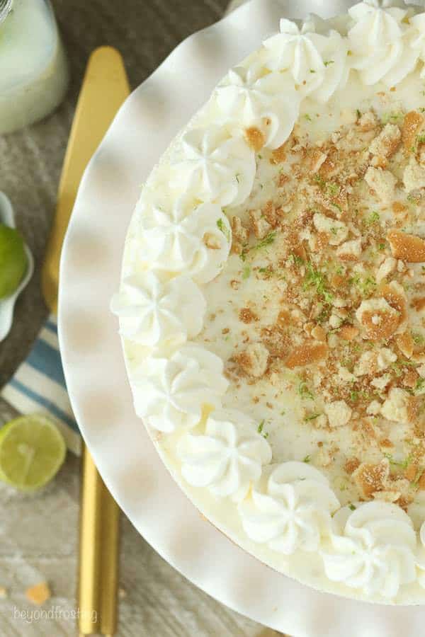 This Key Lime Mousse Pie starts with a Nilla Wafer crust, then a layer of white chocolate key lime mousse, then a lime and cookie mousse on top of that. Finish this off with some crushed Nilla Wafers and more lime zest!
