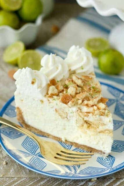 This No-Bake Key Lime Mousse Pie starts with a Nilla Wafer crust, then a layer of white chocolate key lime mousse, then a lime and cookie mousse on top of that. Finish this off with some crushed Nilla Wafers and more lime zest!