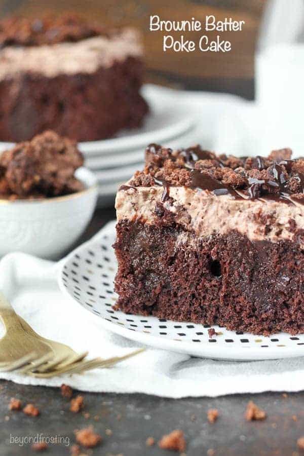 Sinful Brownie Batter Poke Cake. This chocolate poke cake is soaked with dark chocolate pudding, and topped a brownie batter mousse and brownie batter glaze. It’s for true chocolate lovers.