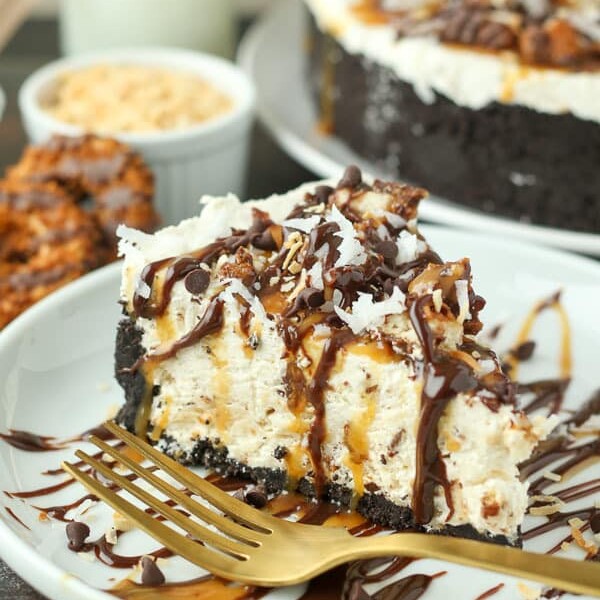 This Samoa Cookie Ice Cream Pie is oozing caramel and coconut. This has an Oreo cookie crust, with a caramel and coconut ice cream filling stuffed with Samoa cookies.