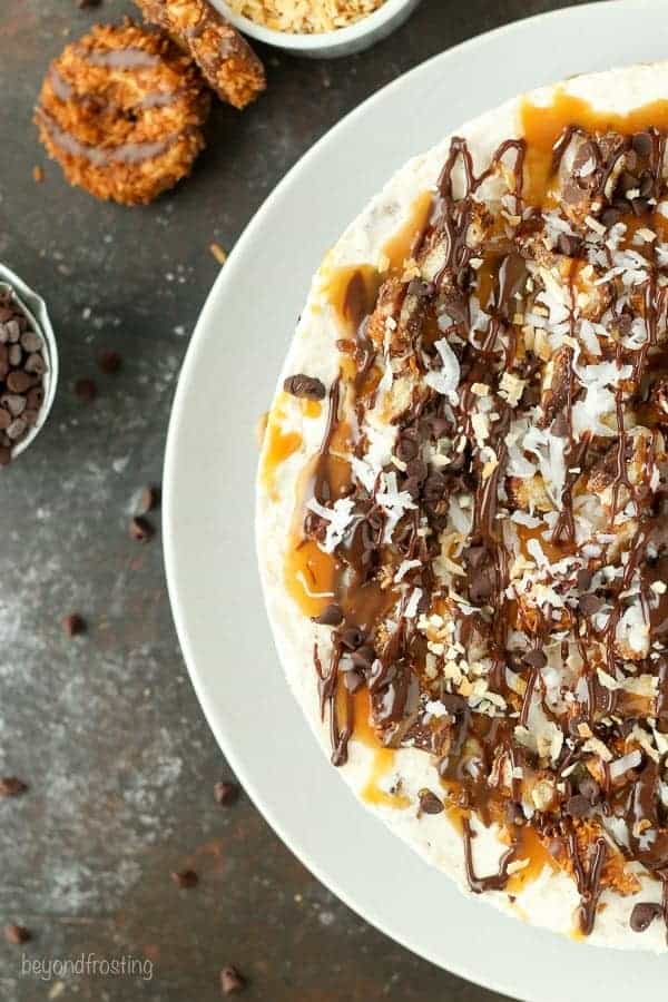 This Samoa Cookie Ice Cream Pie is oozing caramel and coconut. This has an Oreo cookie crust, with a caramel and coconut ice cream filling stuffed with Samoa cookies.