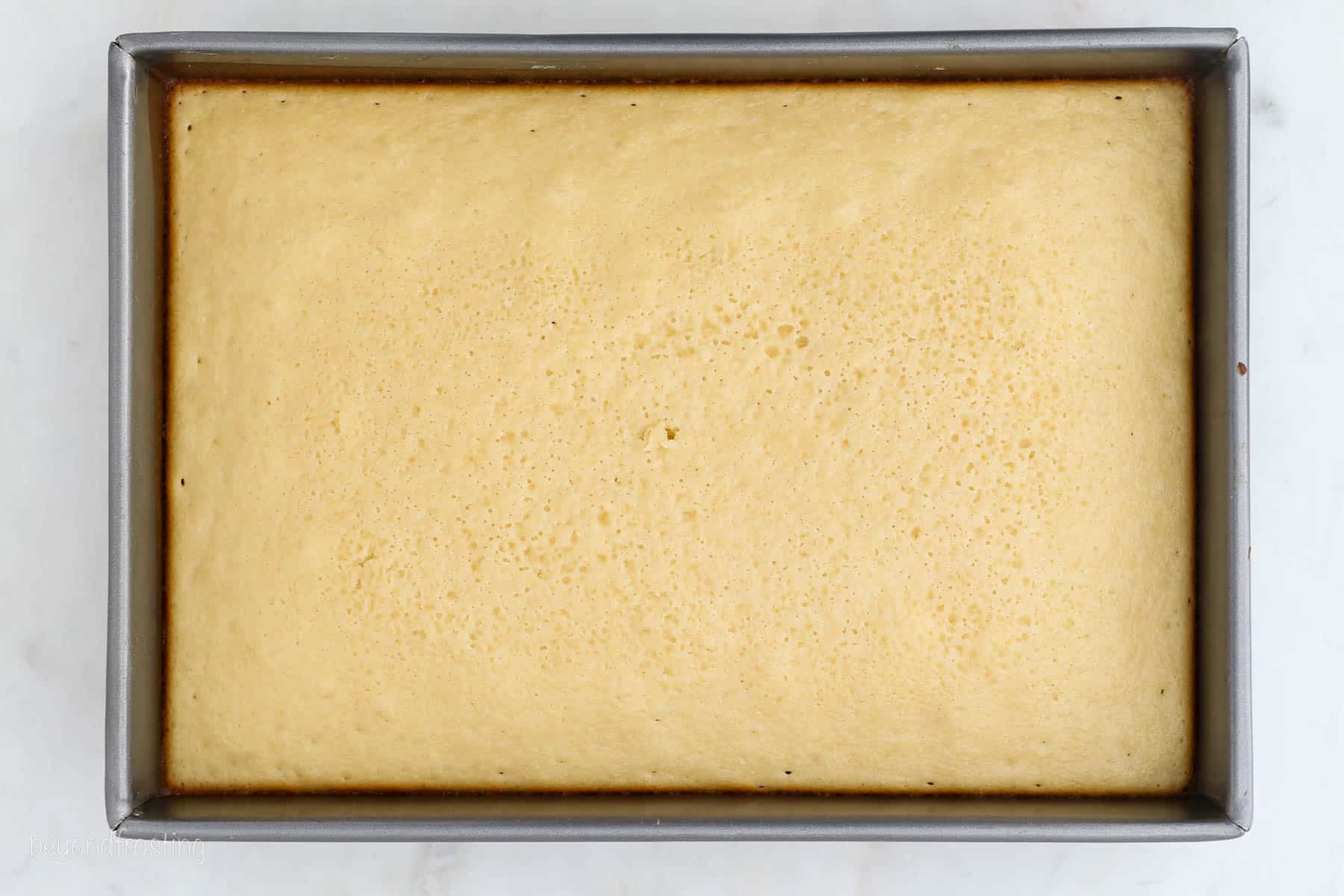 Baked vanilla cake inside a metal baking pan.