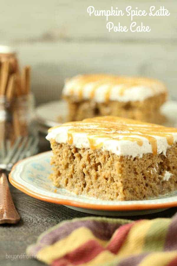 This Pumpkin Spice Latte Poke Cake is a simple pumpkin cake soaked in an espresso cream and topped with a cinnamon mocha whipped cream.