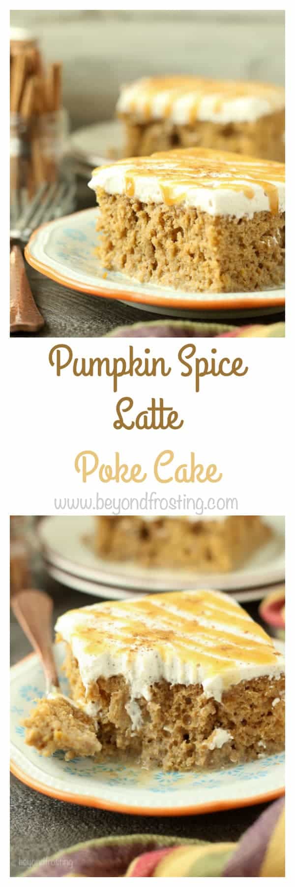  This Pumpkin Spice Latte Poke Cake is a simple pumpkin cake soaked in an espresso cream and topped with a cinnamon mocha whipped cream.