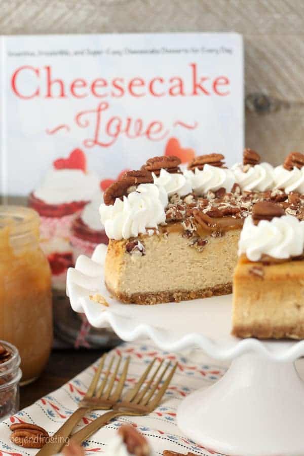 A rich caramel cheesecake with pecans and a homemade salted caramel sauce. 