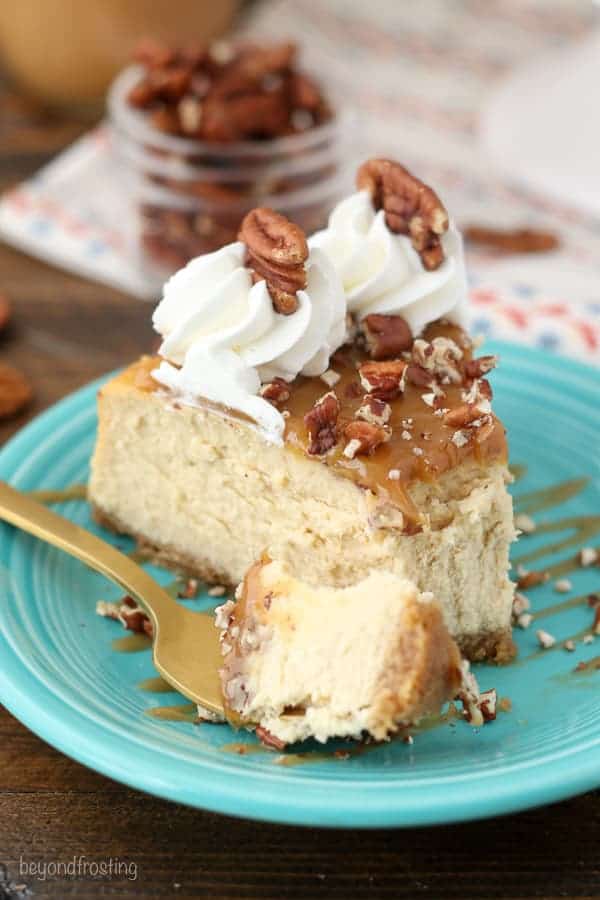 A rich caramel cheesecake with pecans and a homemade salted caramel sauce. 