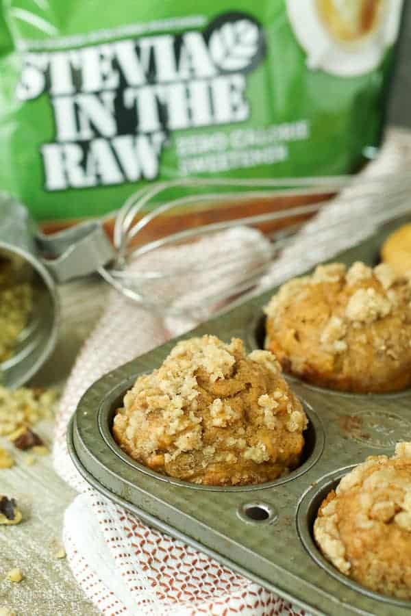 These Healthier Pumpkin Muffins will satisfy your pumpkin craving without the extra sugar and calories. Thank to Stevia In the Raw, you can enjoy these pumpkin muffins with only 7 Weight Watcher Points Plus without the streusel.